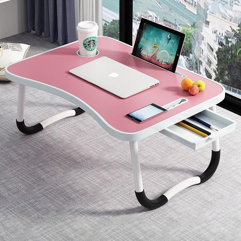 Harmony Home  Portable Folding Laptop Desk for Bed，With iPad and Cup Holder Adjustable Lap Tray Notebook Stand， Foldable Non-Slip Legs Reading Table Tray for working，studying，camping 60x40x28cm Pink - Image 1