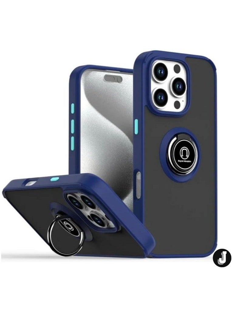 JAJEEK iPhone 16 Plus Case Cover – Blue Matte Shockproof Bumper with Metal Ring Holder Kickstand & Car Magnetic Mount - Image 1