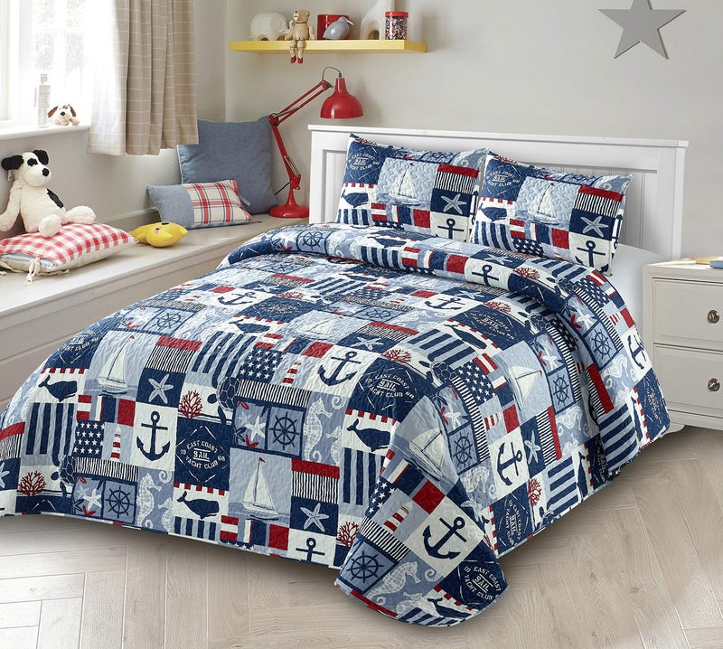 Kids Zone Collection Bedspread Coverlet KidsTeens Anchor Sailboat Seahorse Starfish Whale Turtle Stars Steering Wheel Helm Nautical Dark Blue Light Blue Red White New My Anchor FullQueen