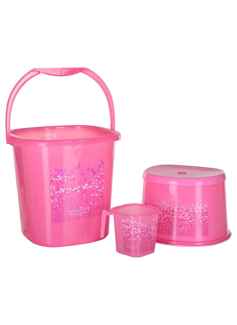 NAYASA Nayasa Funk Square 3 Pcs Bathroom Set | Bucket 25 L + Mug 1.5 L + 508 Stool | Bathroom Set | Bath Set for Bathroom | Pink  - Image 1