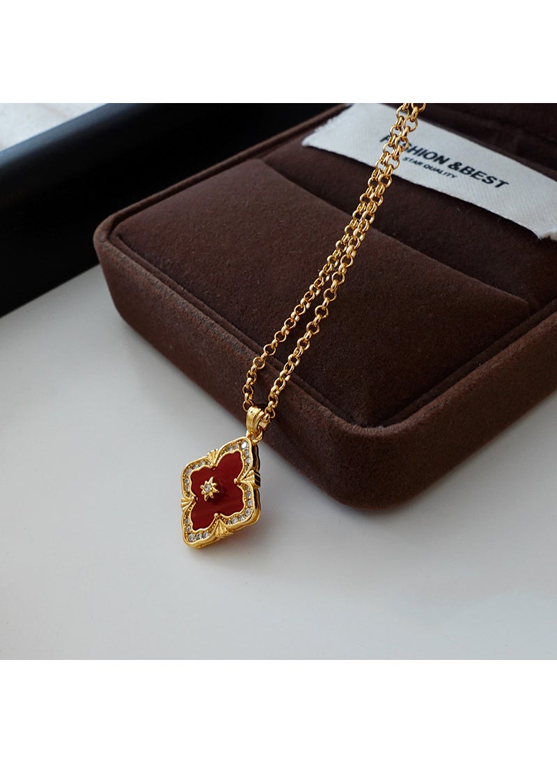 Generic - Red clover flower pendant necklace new year high-grade light luxury clavicle chain New Year festive Palace style sweater chainred fritillary diamond red fritillary diamond - Image 1