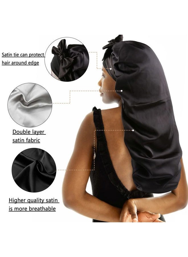 greatremy - Braids Bonnet Sleeping Extra Large Long Hair Braids Accessories Weave Sleeve Scarf locs Bonnet Scrunchie Double Layer Silky Satin with tie Band for Women Black - Image 1