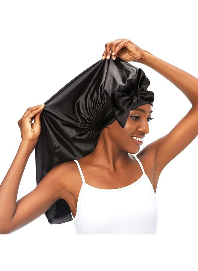 greatremy - Braids Bonnet Sleeping Extra Large Long Hair Braids Accessories Weave Sleeve Scarf locs Bonnet Scrunchie Double Layer Silky Satin with tie Band for Women Black - Image 1