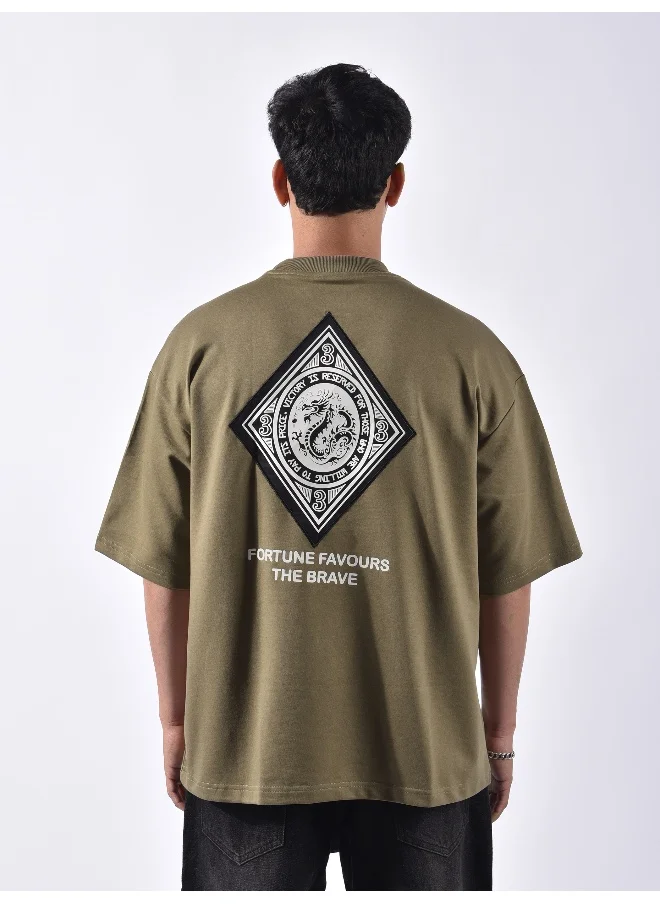 Beyoung Peanut Brown Chinese Dragon Back Patch Oversized T-Shirt