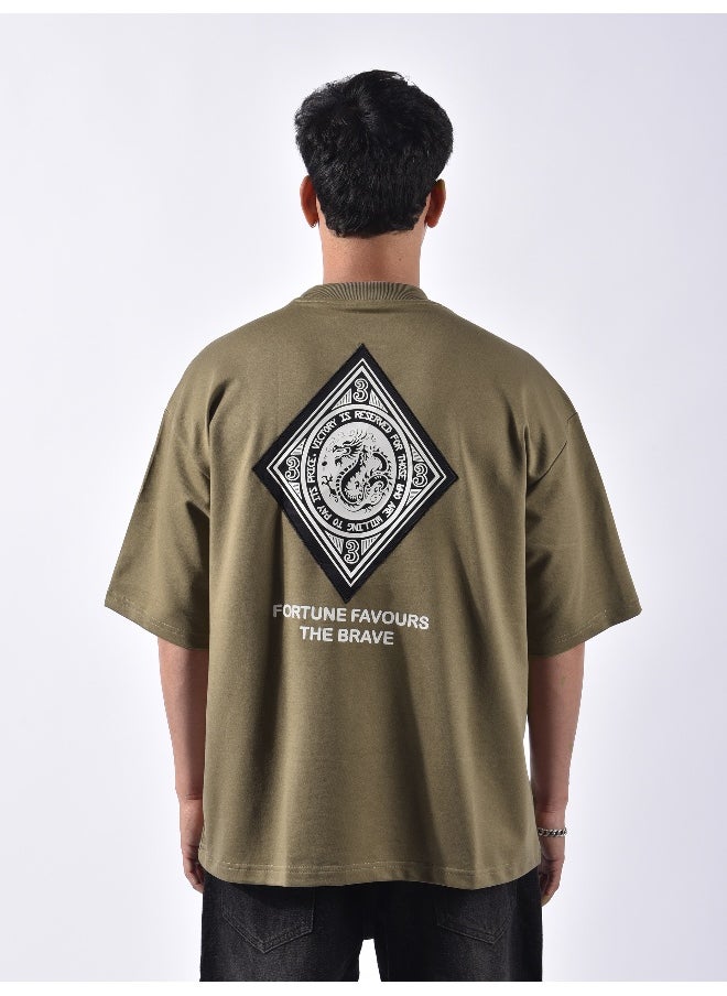Beyoung Peanut Brown Chinese Dragon Back Patch Oversized T-Shirt  - Image 1