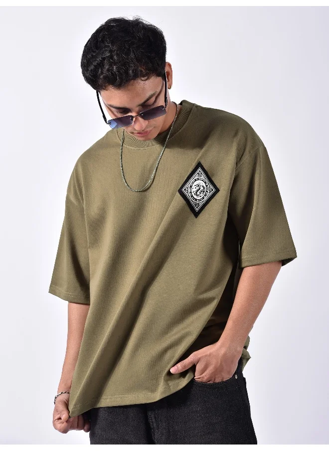 Beyoung Peanut Brown Chinese Dragon Back Patch Oversized T-Shirt