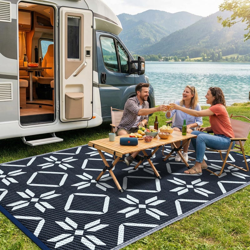 Kohree Outdoor Rug Waterproof 9x12, Reversible RV Outdoor Plastic Straw Rug Patio Mat, Non-Slip Easy Cleaning RV Carpet for Patio Camping Deck Picnic, Backyard, Includes Carry Bag (Blue) - Image 1