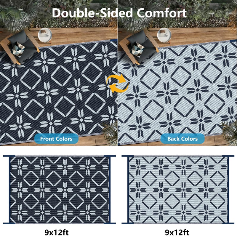 Kohree Outdoor Rug Waterproof 9x12, Reversible RV Outdoor Plastic Straw Rug Patio Mat, Non-Slip Easy Cleaning RV Carpet for Patio Camping Deck Picnic, Backyard, Includes Carry Bag (Blue) - Image 2
