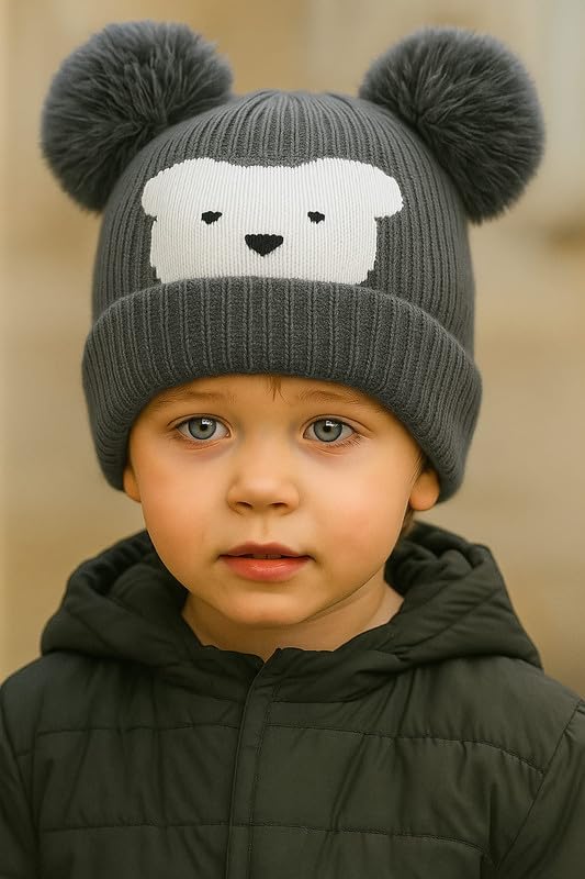 Krystle Kids Winter Bear Beanie Hat (Grey,1-4 Years) - Image 3