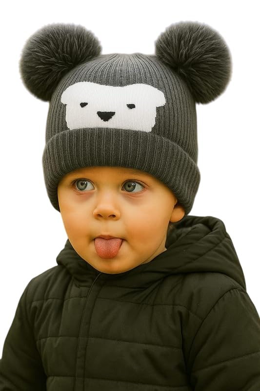 Krystle Kids Winter Bear Beanie Hat (Grey,1-4 Years) - Image 5