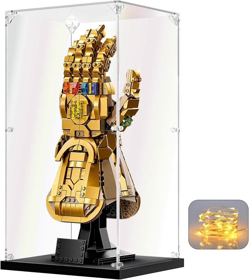 KOLIPI علبة عرض أكريليك من كوليبى لـ Lego Infinity Gauntlet 76191 Nano Gauntlet 76223، علبة عرض أكريليك شفافة لعرض تماثيل الدمى والألعاب والمقتنيات (7.5x6.3x14.2 بوصة، 19x16x36 سم) - Image 1