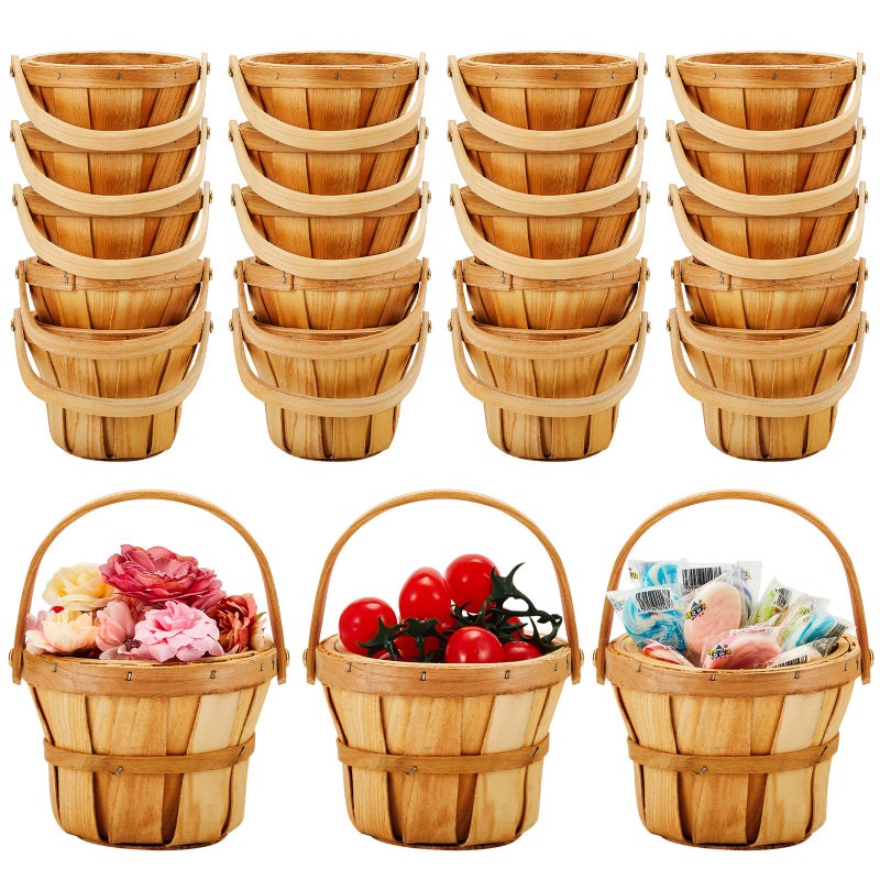 Marsui 20 Pcs Small Wooden Berry Baskets, 4 x 5.1 Inch Small Fruit Baskets with Reinforced Handles, Thick Wood Chip Design for Farmers Market, Gift, Garden Picking & Crafts (Brown) - Image 1