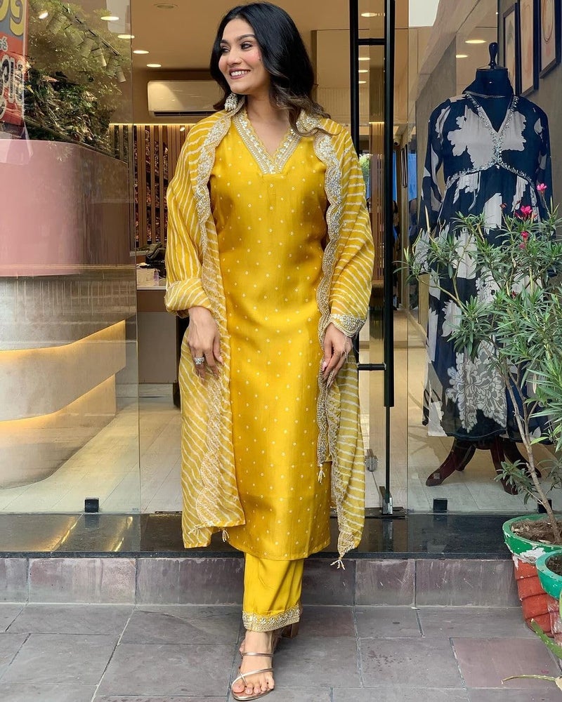 LookMark Women's Silk Blend Table Print Kurta Pant Set with Mal Cotton Digital Print Dupatta and Embroidery Work Suitable for Every Indian Occasion (AZ-LM-OG-KS2178 Yellow-L) - Image 3