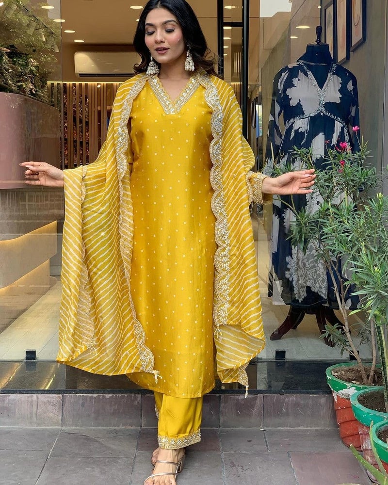 LookMark Women's Silk Blend Table Print Kurta Pant Set with Mal Cotton Digital Print Dupatta and Embroidery Work Suitable for Every Indian Occasion (AZ-LM-OG-KS2178 Yellow-L) - Image 4