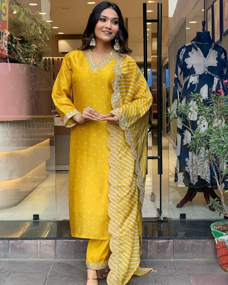 LookMark Women's Silk Blend Table Print Kurta Pant Set with Mal Cotton Digital Print Dupatta and Embroidery Work Suitable for Every Indian Occasion (AZ-LM-OG-KS2178 Yellow-L) - Image 2