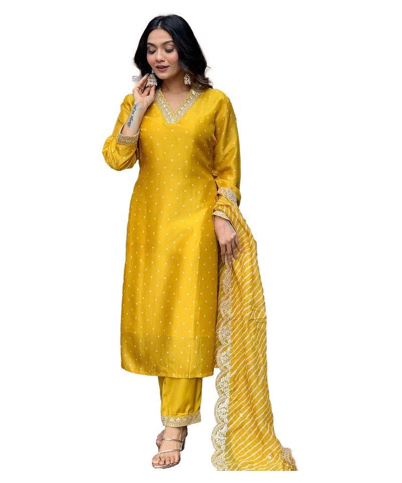 LookMark Women's Silk Blend Table Print Kurta Pant Set with Mal Cotton Digital Print Dupatta and Embroidery Work Suitable for Every Indian Occasion (AZ-LM-OG-KS2178 Yellow-L) - Image 5