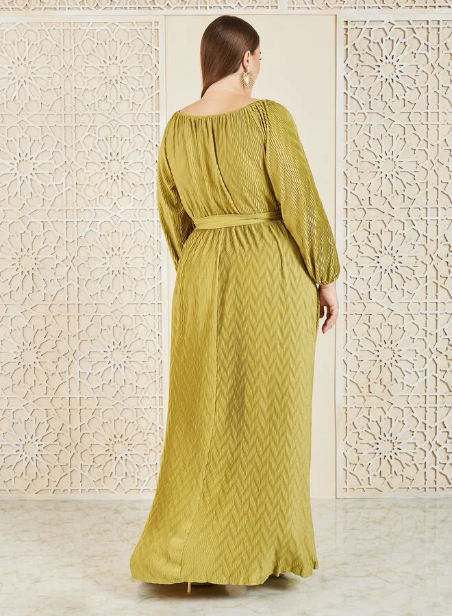 Styli Styli Plus Satin Plisse Textured A-Line Maxi Dress with Self Tie Up