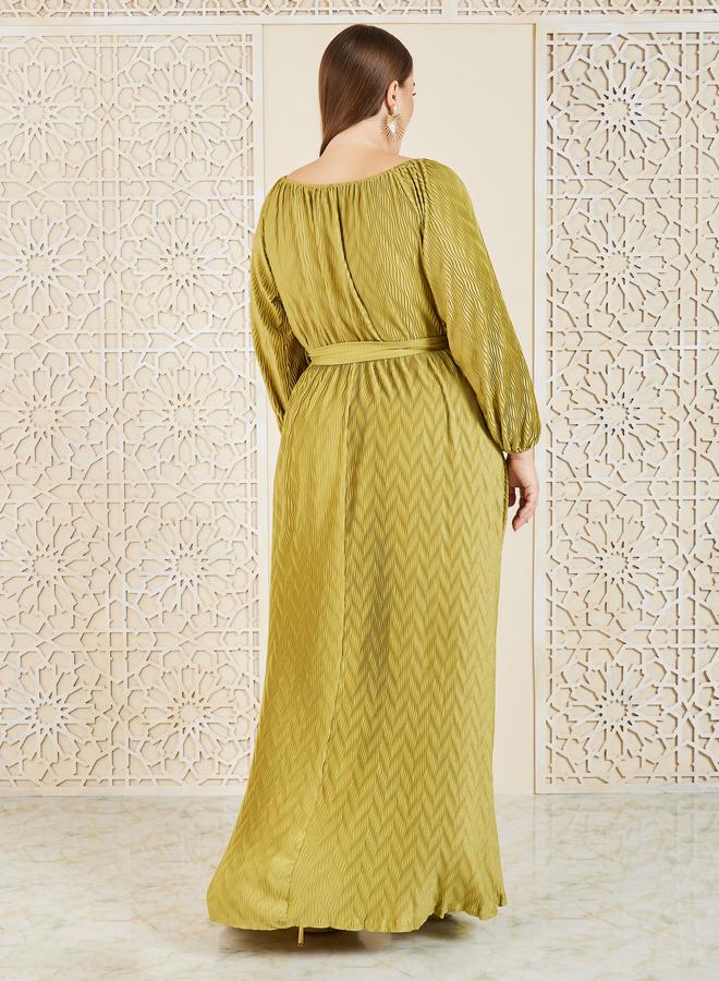 Styli Styli Plus Satin Plisse Textured A-Line Maxi Dress with Self Tie Up - Image 4