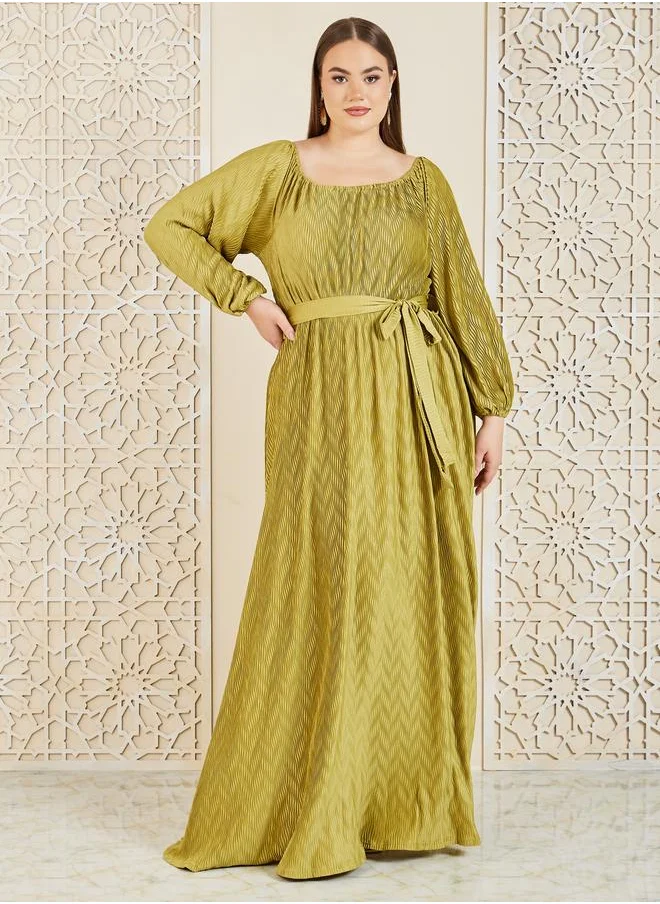 ستايلي Styli Plus Satin Plisse Textured A-Line Maxi Dress with Self Tie Up