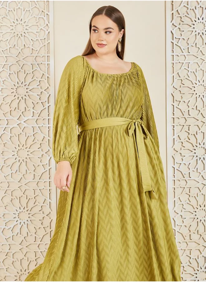 ستايلي Styli Plus Satin Plisse Textured A-Line Maxi Dress with Self Tie Up