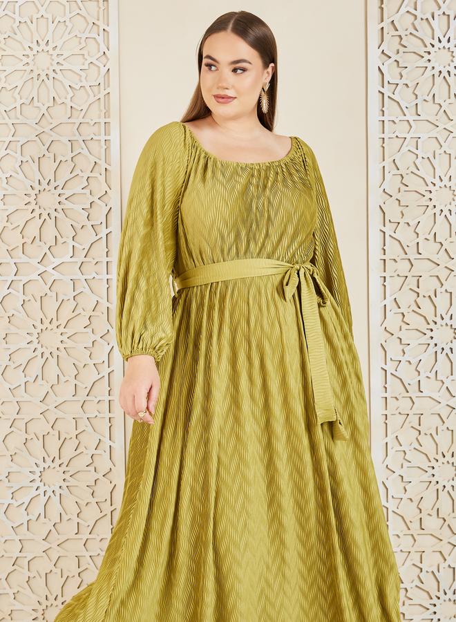 Styli Styli Plus Satin Plisse Textured A-Line Maxi Dress with Self Tie Up - Image 2