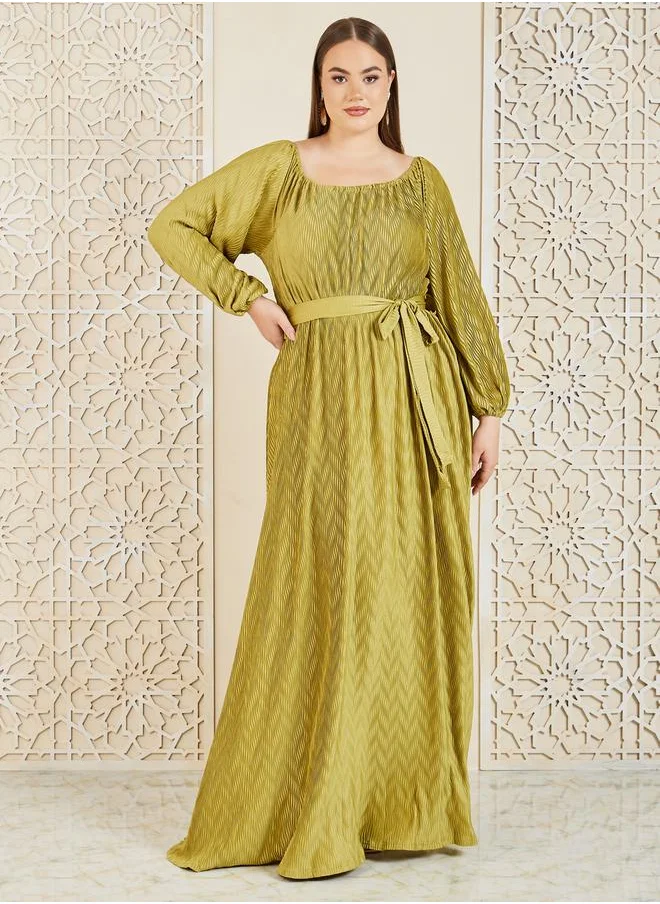 ستايلي Plus Satin Plisse Textured A-Line Maxi Dress with Self Tie Up