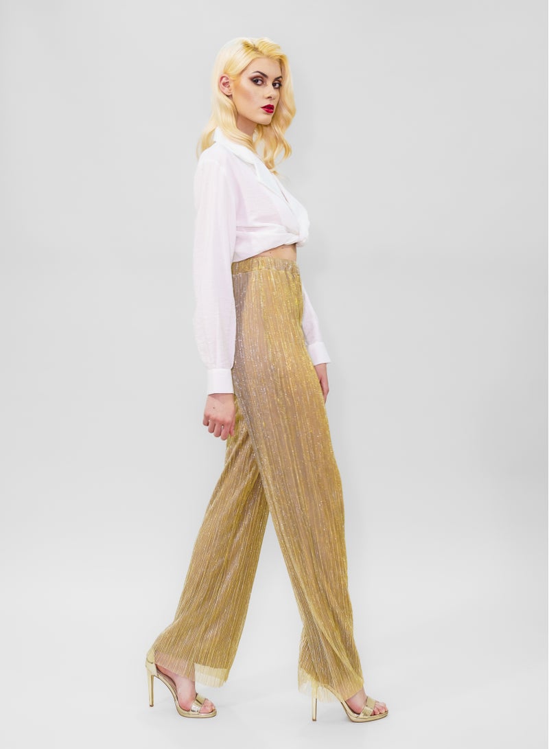 BITOLIA GALLERY Comfortable Long Lurex Shiny Pants Gold With Stripes - Image 4