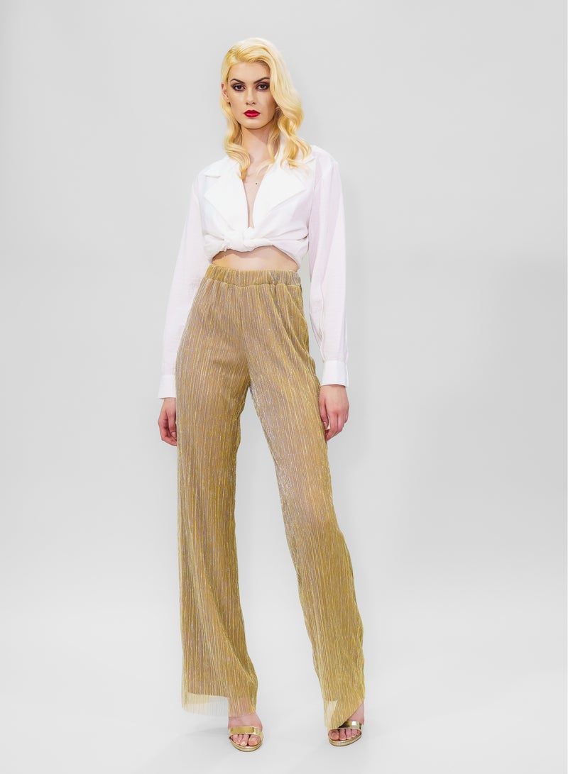 BITOLIA GALLERY Comfortable Long Lurex Shiny Pants Gold With Stripes - Image 1