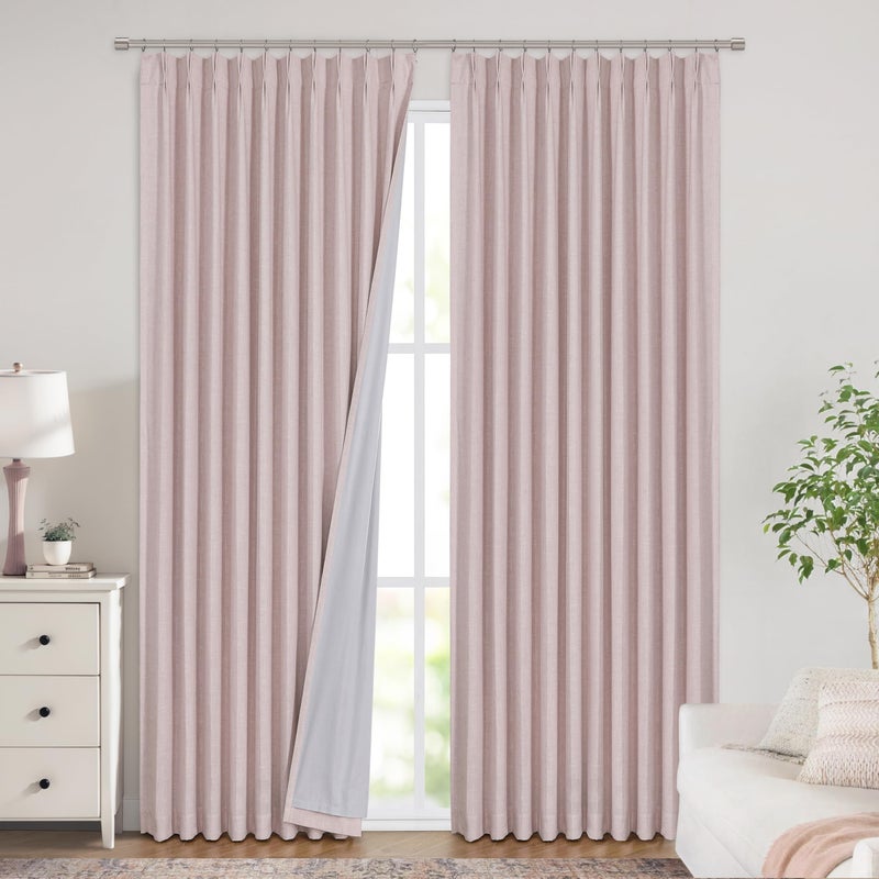 Vision Home Vision Home Soft Pink Pinch Pleated Full Blackout Curtains Linen Blended Room Darkening Window Curtains 112 inch for Living Room Bedroom Thermal Insulated Pinch Pleat Drapes with Hooks 60"" Wx112 Lx1  - Image 2