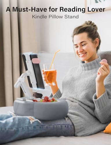 TAZENI Tablet Kindle Pillow Stand Holder with 2 Trays Fit 4''-13'' Phone/Tablet/Kindle iPad Holder Stand for Bed with Soft Plus Fabric Reading Accessories Gift for Reading, Gray - Image 2