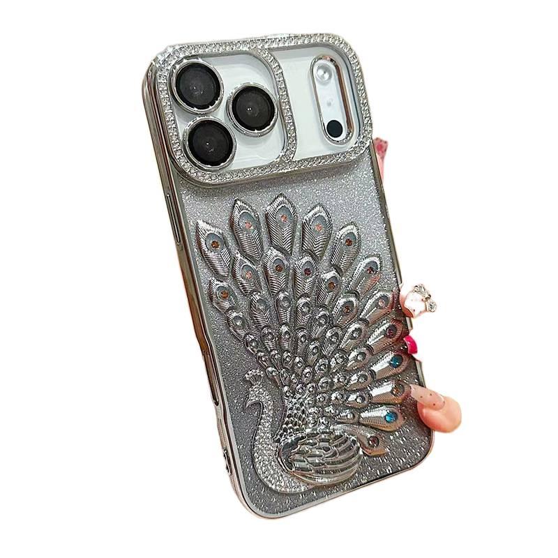 iPhone 17 Case TPU for 17 Air 17 Pro 17 Pro Max with Crystal Rhinestone and Peacock Pattern and Electroplated Finish and Glitter Gradient - Image 1
