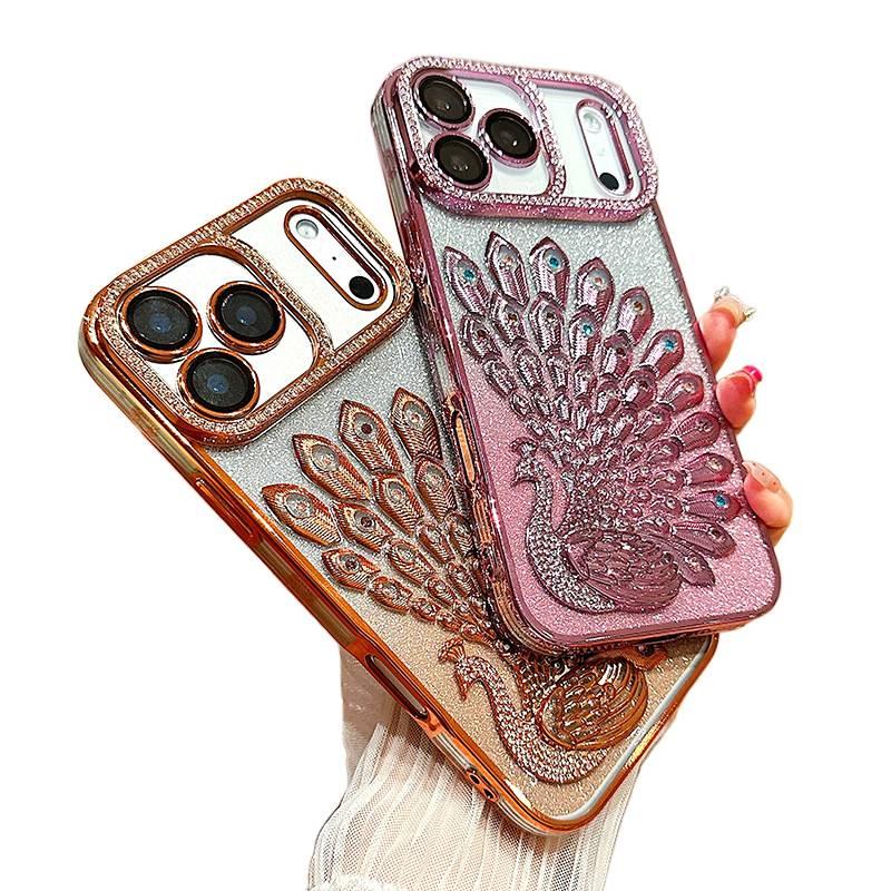 iPhone 17 Case TPU for 17 Air 17 Pro 17 Pro Max with Crystal Rhinestone and Peacock Pattern and Electroplated Finish and Glitter Gradient - Image 3