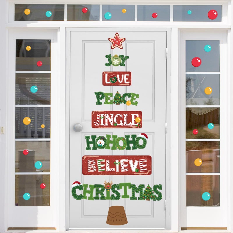 Cinrobiye Christmas Tree Window Door Clings Stickers Merry Christmas Quotes Wall Decals Christmas Bulletin Board Decoration Stickers Kit Joy Love Peace Christmas Garage Door Porch Decor for Holiday (Tree) - Image 1