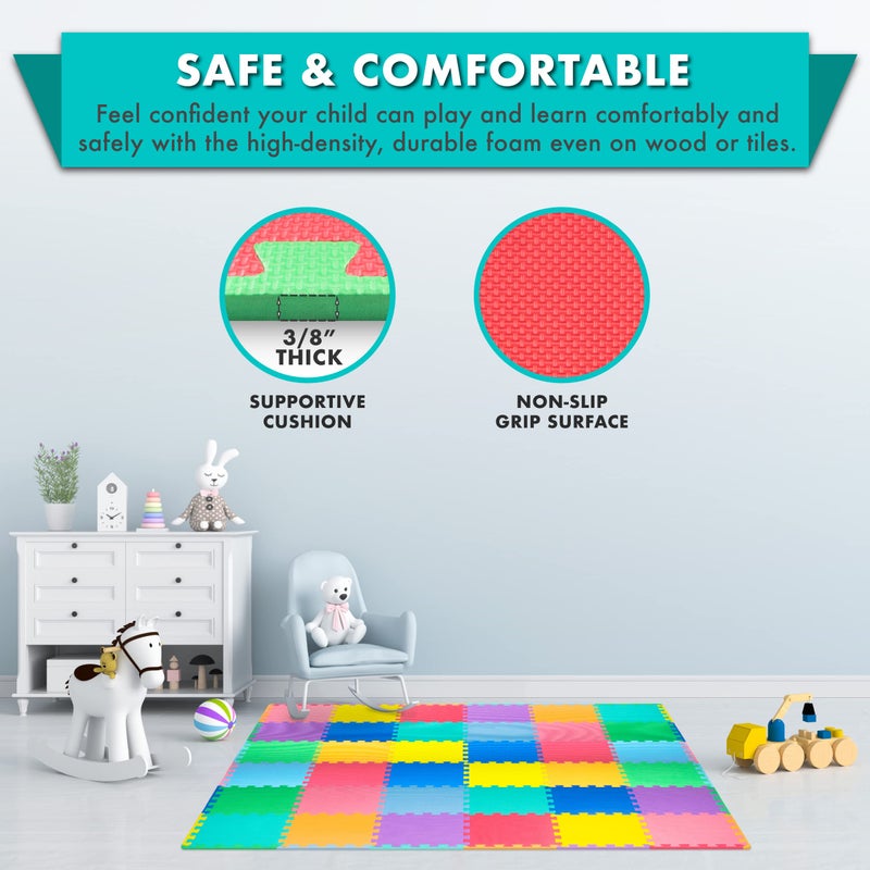 ProSource Foam Puzzle Floor Play Mat for Kids and Babies with Solid Colors, 36 or 16 Interlocking Tiles with Borders, Assorted - Image 4