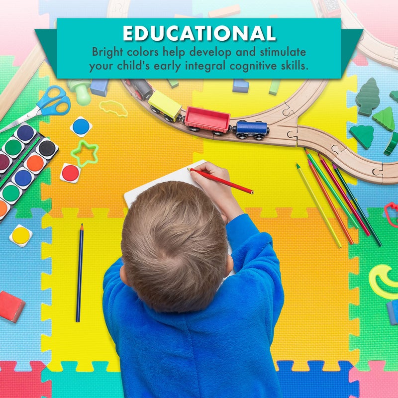 ProSource Foam Puzzle Floor Play Mat for Kids and Babies with Solid Colors, 36 or 16 Interlocking Tiles with Borders, Assorted - Image 3