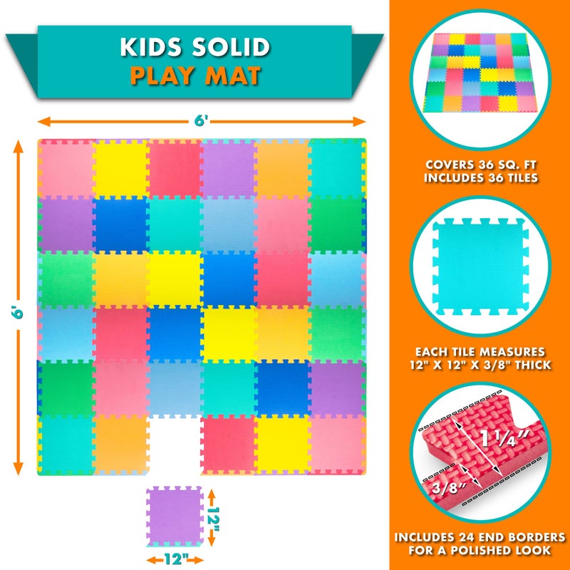ProSource Foam Puzzle Floor Play Mat for Kids and Babies with Solid Colors, 36 or 16 Interlocking Tiles with Borders, Assorted - Image 2