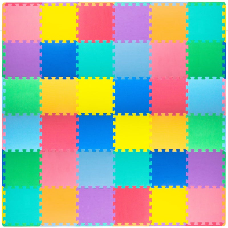 ProSource Foam Puzzle Floor Play Mat for Kids and Babies with Solid Colors, 36 or 16 Interlocking Tiles with Borders, Assorted - Image 1