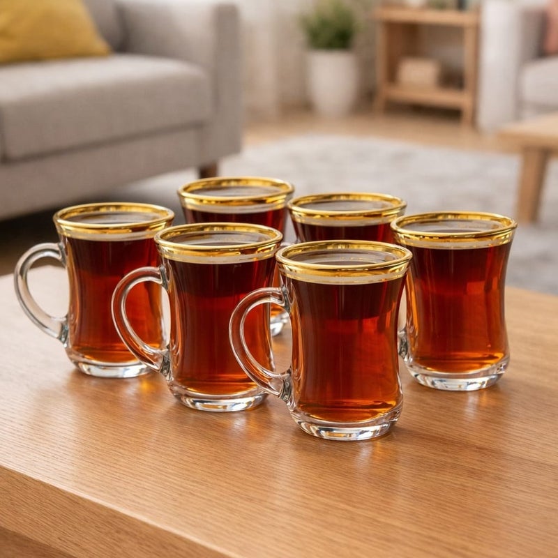 Radin 6 PCS Turkish Tea Glass Set with Golden Rim – Elegant Estikan Cups - Image 1