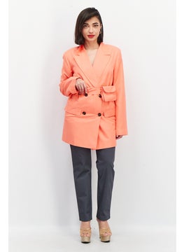 As You Women Regular Fit Solid Double Button Blazer, Coral  - Image 3