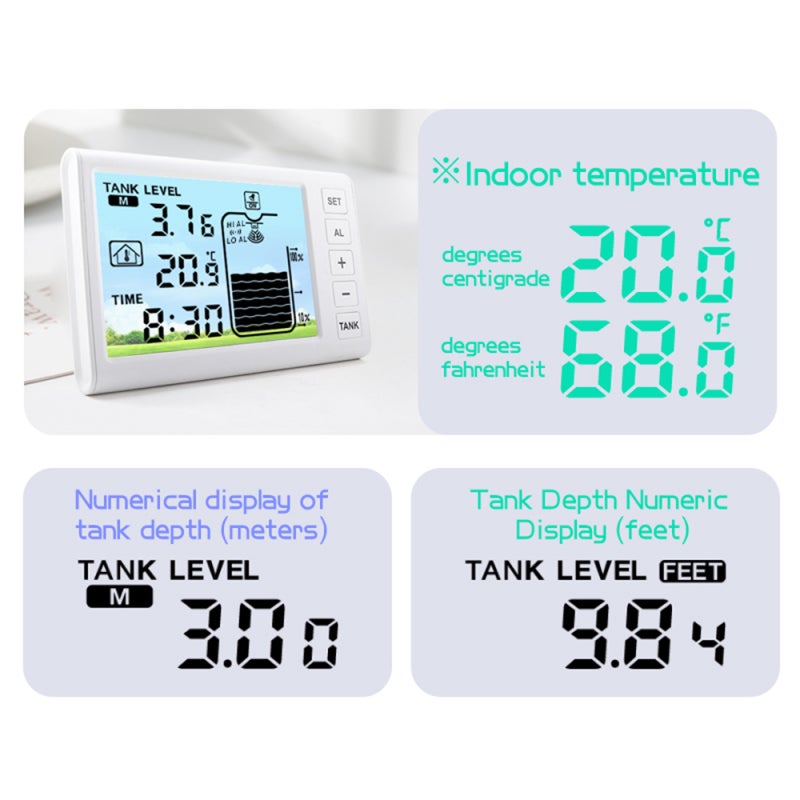 Water Level Sensor 1~5m Measuring Range Advanced LCD Display Bar Graph Temperature Monitor - Comprehensive High Low Level Alarms Flexible Wall Desk Mount for Indoor Tank Monitoring - Image 4