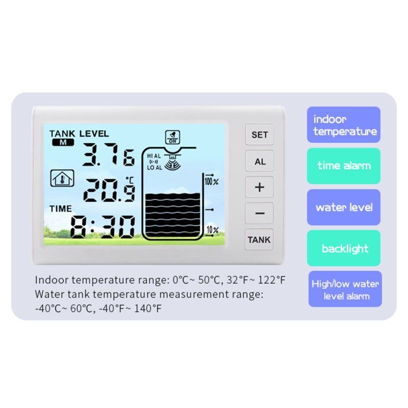 Water Level Sensor 1~5m Measuring Range Advanced LCD Display Bar Graph Temperature Monitor - Comprehensive High Low Level Alarms Flexible Wall Desk Mount for Indoor Tank Monitoring - Image 5