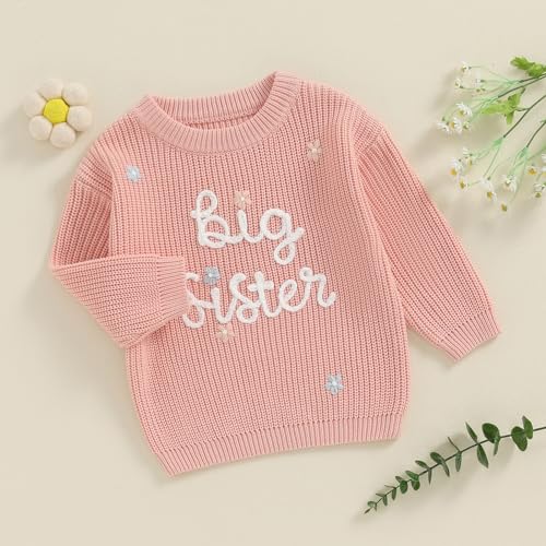 Amnnchya Toddler Infant Baby Girl Knit Sweater Big Sister Little Sister Matching Outfits Long Sleeve Pullover Sweatshirt (Pink, 4 Years) - Image 3