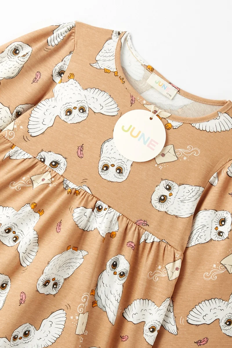 جون Girl's Owl Printed Long Sleeve Dress