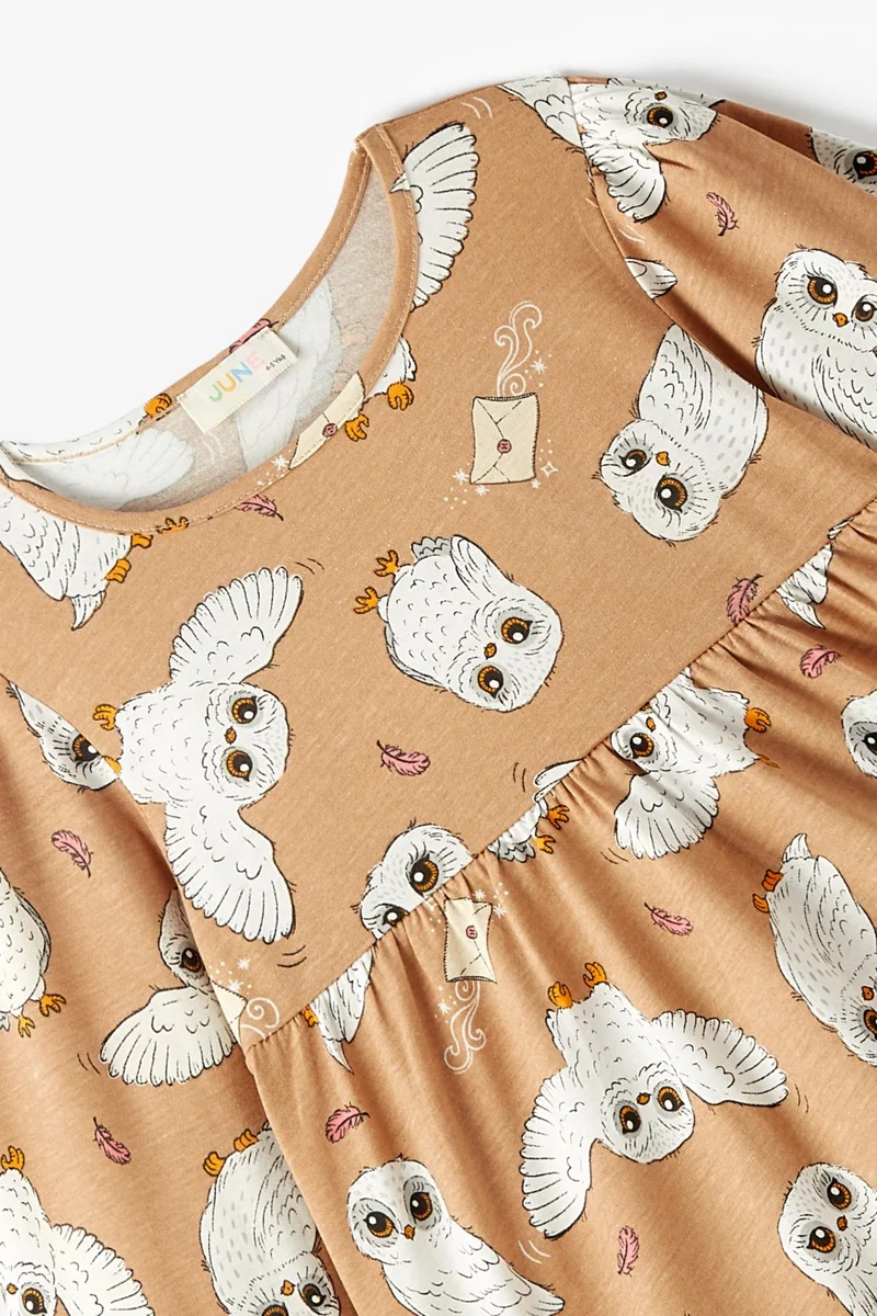 جون Girl's Owl Printed Long Sleeve Dress