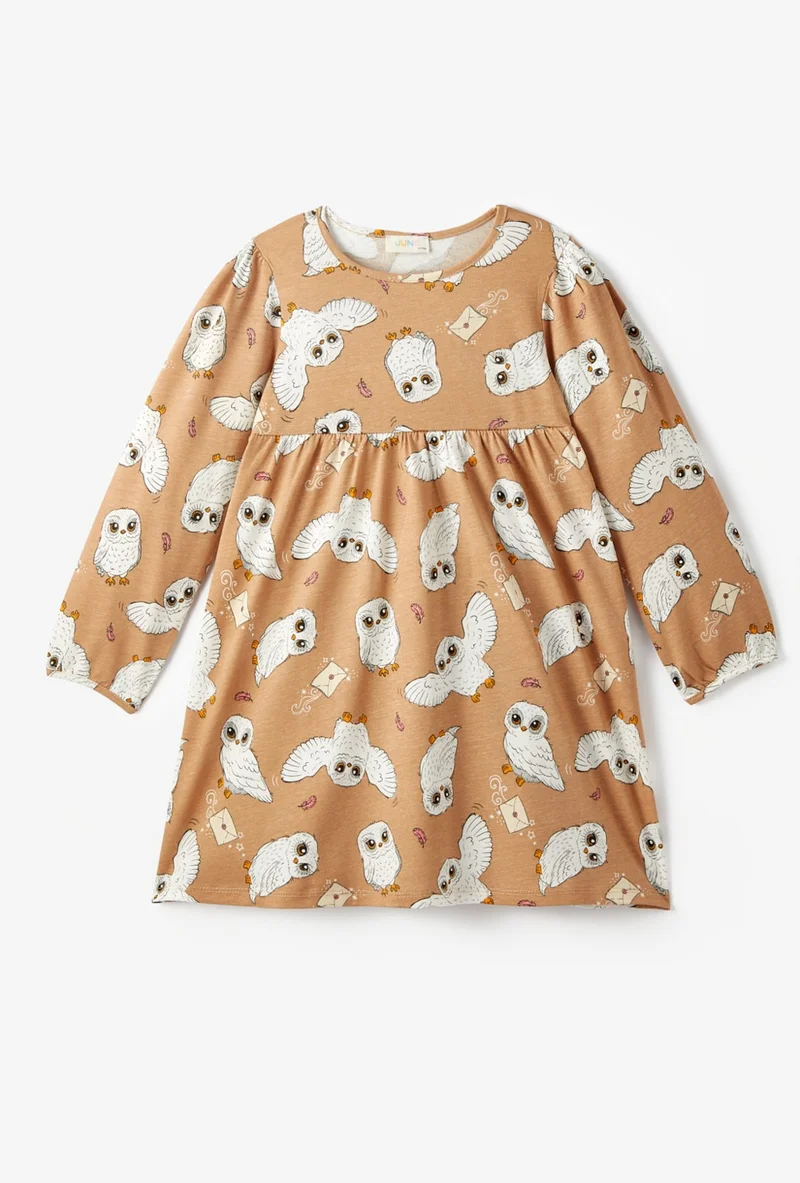 جون Girl's Owl Printed Long Sleeve Dress