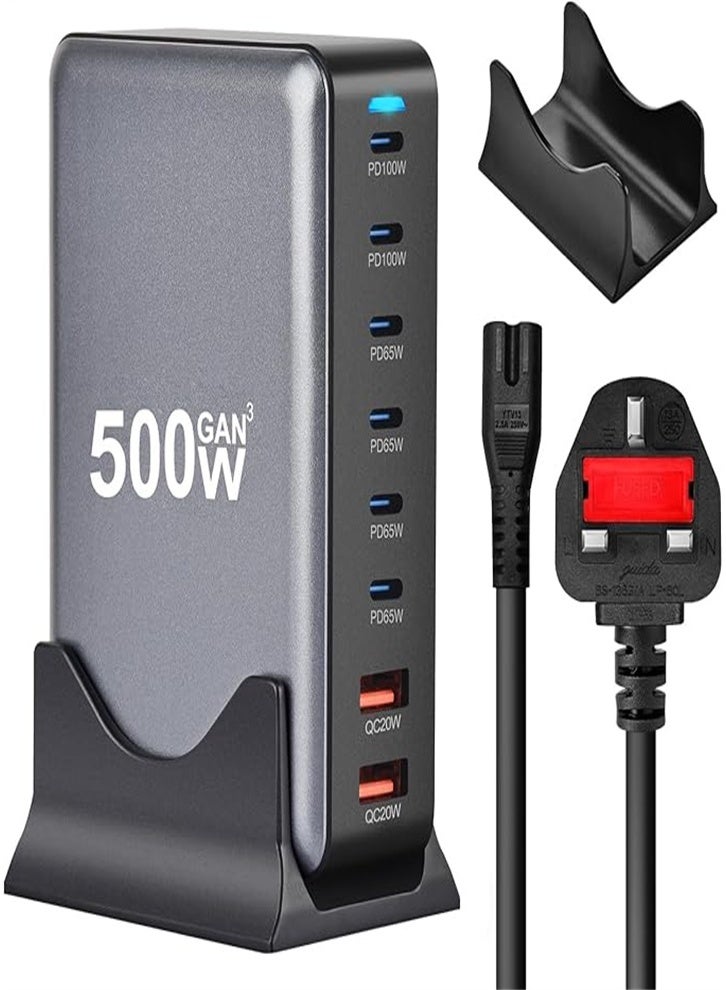 عام شاحن سريع 500 واط GaN Quick Charge 3.0 USB Type C مع شاحن PD 5C3A 8 منافذ للهواتف والأجهزة اللوحية، تصميم محمول مع كابل 1.5، أسود - Image 1