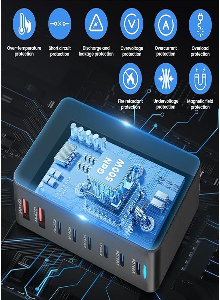 عام شاحن سريع 500 واط GaN Quick Charge 3.0 USB Type C مع شاحن PD 5C3A 8 منافذ للهواتف والأجهزة اللوحية، تصميم محمول مع كابل 1.5، أسود - Image 5