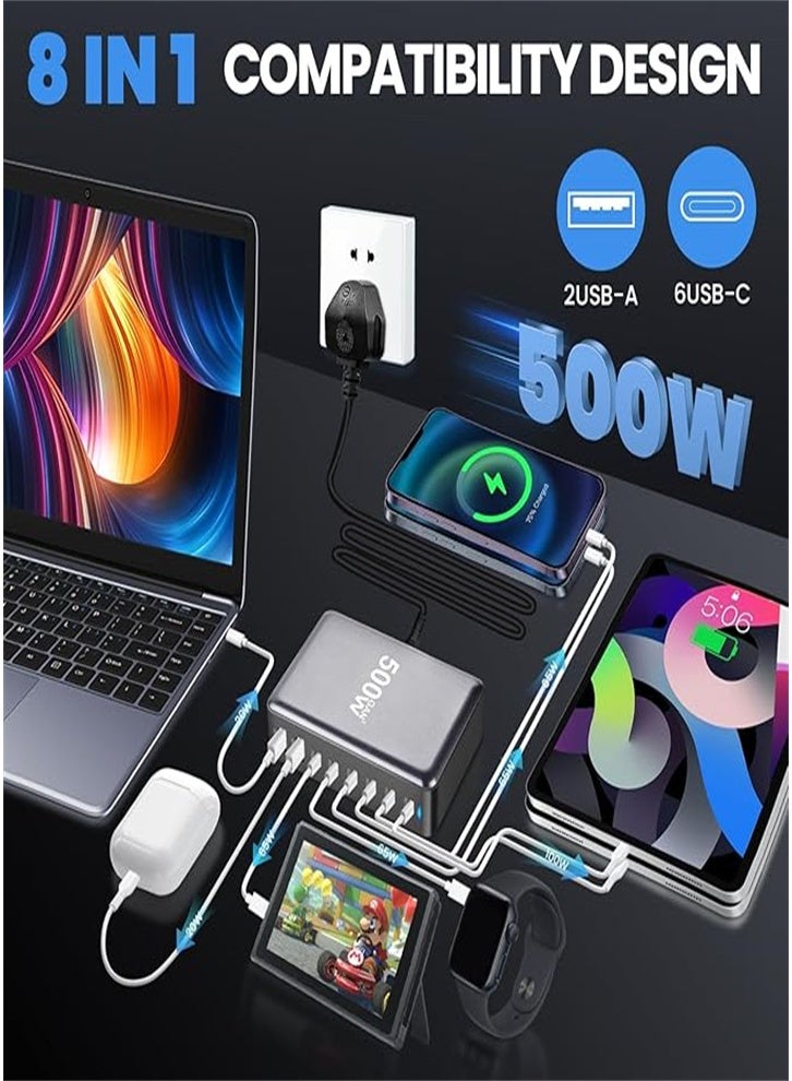 عام شاحن سريع 500 واط GaN Quick Charge 3.0 USB Type C مع شاحن PD 5C3A 8 منافذ للهواتف والأجهزة اللوحية، تصميم محمول مع كابل 1.5، أسود - Image 4