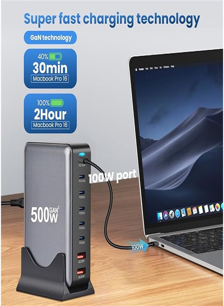 عام شاحن سريع 500 واط GaN Quick Charge 3.0 USB Type C مع شاحن PD 5C3A 8 منافذ للهواتف والأجهزة اللوحية، تصميم محمول مع كابل 1.5، أسود - Image 2