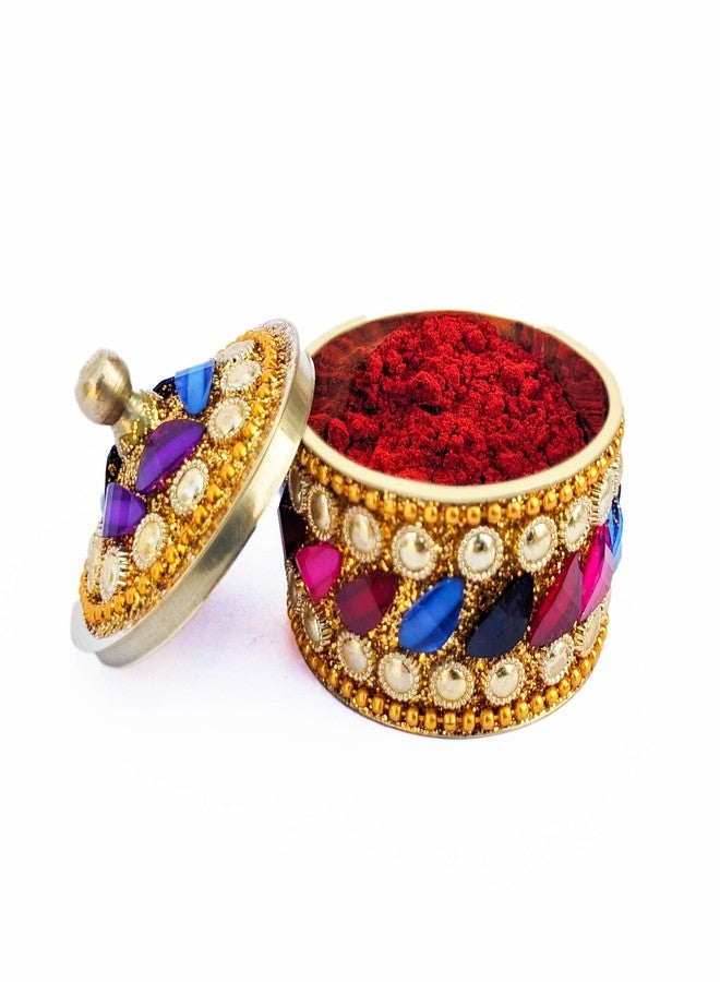 KOIL Handcrafted Multicolor Petals Sindoor Dibbi: Gold Elements & Shiny Brass Kumkum Box, Sindoor Dani Fancy Sindoor Dibbi Earrings Moti Box, Ideal for Gifting & Decoration - Image 2